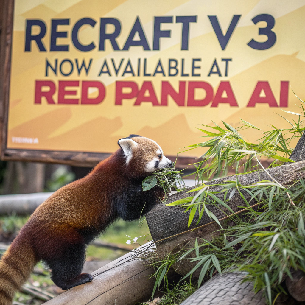 AI generated image by Red Panda AI: a red panda eating a bamboo in front of a poster that says "recraft V3 now available at red panda ai
