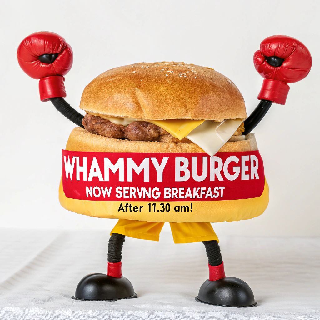 AI generated image by Red Panda AI: Restaurant name is "Whammy Burger", logo is smiling cheeseburger in the style of Mayor McCheese, looking straight ahead, with skinny black legs, and skinny black arms, wearing red boxing gloves, and wearing yellow boxing shorts with a red stripe, as logo on a plain white background, there is a red letter "W" on the yellow shorts, There is a slogan that reads, "Now Serving Breakfast After 11:30 AM!"