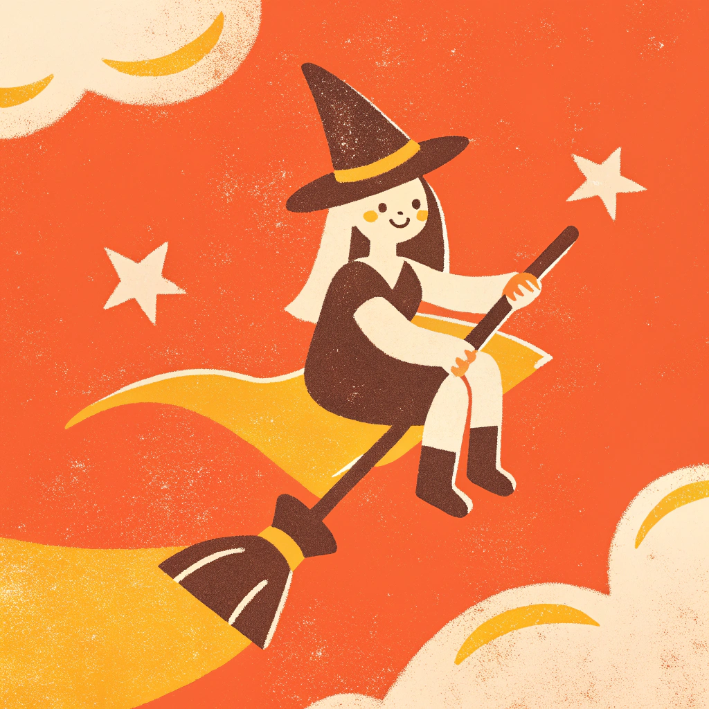 AI generated image by Red Panda AI: D&D style. A young girl, 26 years old. She has long straight hair. She wears witch clothes, but without the hat. She's on top of a flying carpet, like Aladdin.