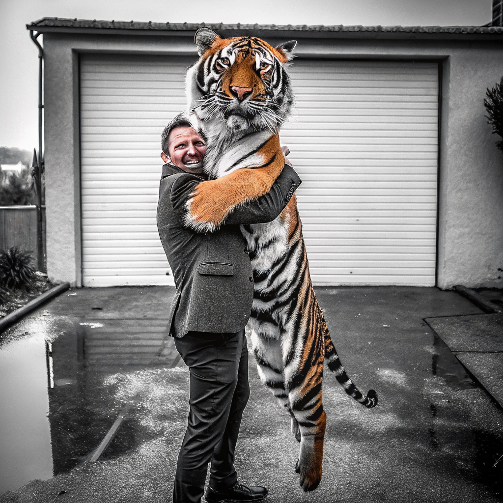 AI generated image by FLUX.1-schnell: Create a hyper-realistic image of a man in a full suit, holding an enormous, oversized tiger as if it were a small pet. The tiger should have a massive, muscular body with bold orange and black stripes, sharp yet calm eyes, and a majestic presence. The man should be smiling, with his arms clearly wrapped around the tiger, giving a sense of effort in holding the giant creature. The background should be an outdoor setting similar to a driveway with a garage door and concrete ground, maintaining a realistic and casual suburban environment.