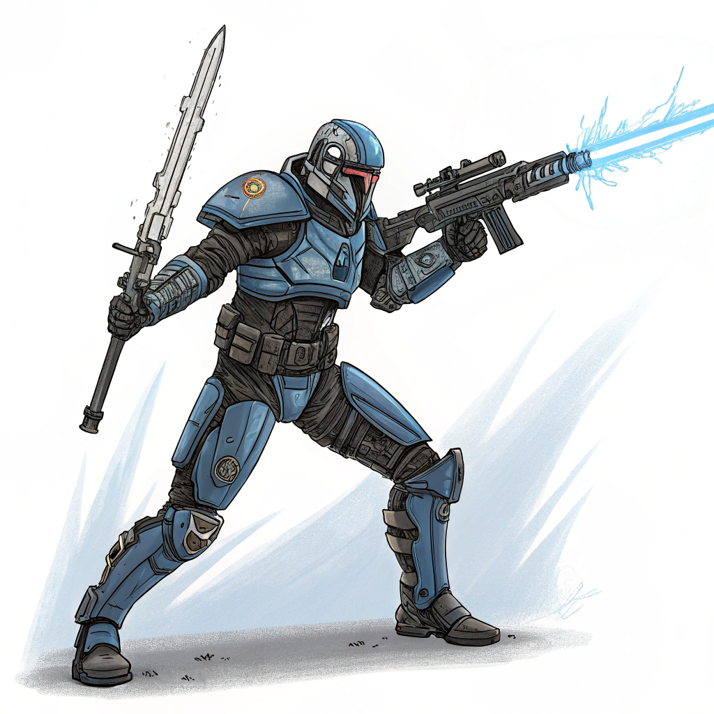 AI generated image by Red Panda AI: The image depicts a cybernetic warrior wielding dual weapons: a high-tech rifle and an ancient sword. Its armored exoskeleton blends metallic blue plates with matte black joints, creating a striking contrast. The right hand grips a long-barreled gun with a tactical scope, while the left hand channels ethereal blue flames through a weathered blade. Multiple articulated limbs suggest enhanced mobility. The warrior's helmet features glowing sensors, merging medieval and futuristic aesthetics. Bold sketch lines emphasize the dynamic pose, with energy splashing from the sword against a stark background. The design suggests a synthesis of traditional combat and advanced technology.


