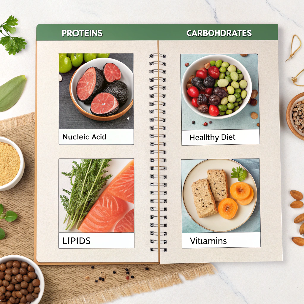 AI generated image by Red Panda AI: genara una portada que contenga, 2 trimestre 2 parcial, poc ainformacion e imagenes de proteinas, carbohidratos, acido nucleico, una dieta sana, lipidos y vitaminas 