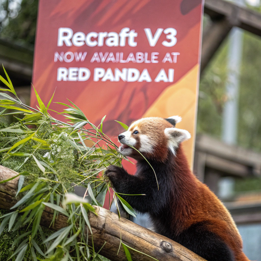 AI generated image by FLUX.1-schnell: a red panda eating a bamboo in front of a poster that says "recraft V3 now available at red panda ai