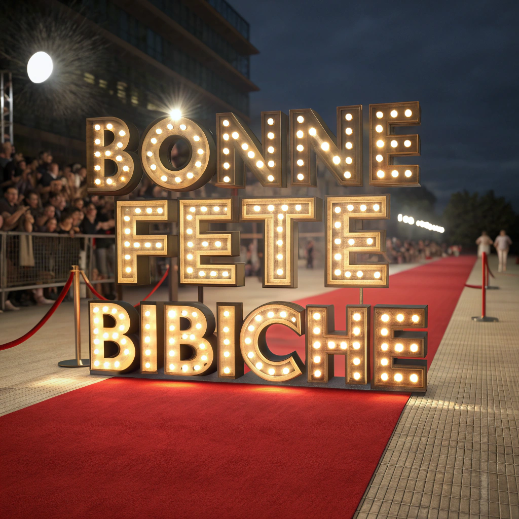 AI generated image by Red Panda AI: un texte en 3d "Bonne fete bibiche" avec des lettres en or et des ampoules autour. Un tapis rouge. Et une foule qui acclame