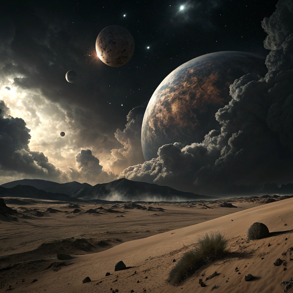 AI generated image by Red Panda AI: A dark scenario in the universe, planets in the background shrouded in darkness, with enormous clouds representing the infinite cosmos. The atmosphere is eerie, distressing, sandy, and edgy.