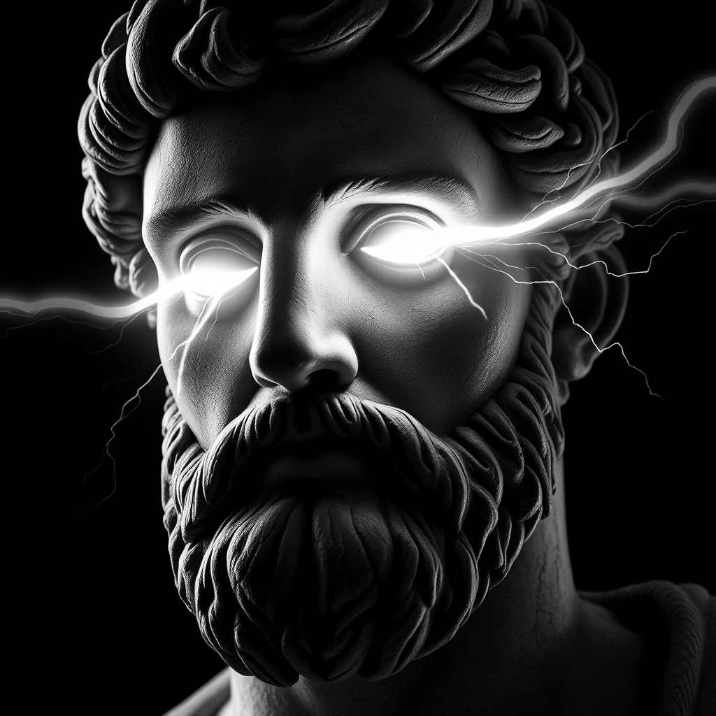 AI generated image by FLUX.1-schnell: The image portrays a striking depiction of a historical stone-carved bust of a man, reminiscent of classical representations such as Marcus Aurelius. The figure is rendered entirely in monochromatic black and white tones, emphasizing the texture of the chiseled stone with its fine cracks, weathered grooves, and intricate details.

The man’s facial features exude an aura of dignity and contemplation: a pronounced chin, voluminous, curly hair, and a dense, meticulously carved beard. However, the most captivating feature is his eyes. Instead of lifeless stone, they emit a dazzling, otherworldly white light.

This light appears to flow like liquid, slowly spilling from the eyes and tracing delicate, almost organic paths down the statue’s face. These glowing streams seem to leave faint trails, as if the light itself is transforming or "animating" the stone. The radiant lines stand in sharp contrast to the deep shadows carved into the crevices and folds of the face, accentuating the sculpture’s dramatic contours.

The overall atmosphere of the image is mystical and timeless, as if the man—symbolizing wisdom and power—has emerged from eternity to convey a profound message. The stark black-and-white palette adds a sense of gravity and symbolism, while the flowing light from the eyes imbues the image with a surreal, almost divine quality.
