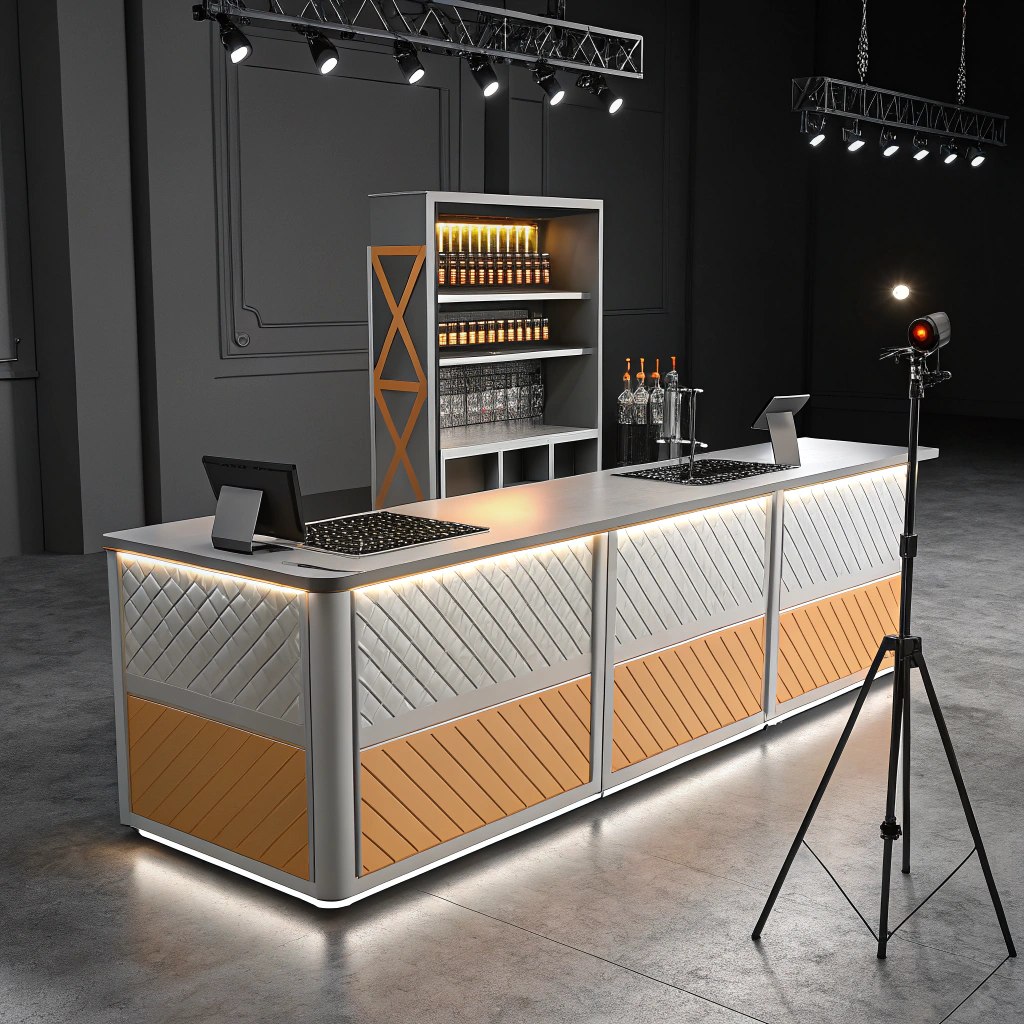 AI generated image by Red Panda AI: A photorealistic product render of a sleek modular bar station in minimalist style, featuring clean geometric lines, matte gray and warm orange gradient accents, precise keyboard-like button layout, brushed aluminum texture, dramatic studio lighting with soft shadows, cinematic composition, 8k, octane render