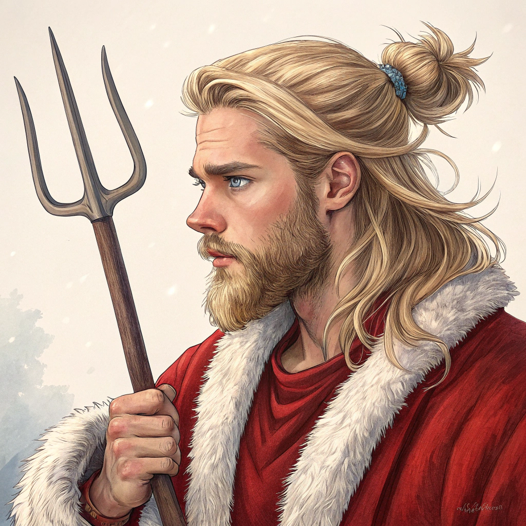 AI generated image by Red Panda AI: Create a graphic of a handsome blond man with long hair tied in a bun, blue eyes and a beard, a pitchfork in his hand and a Santa Claus suit