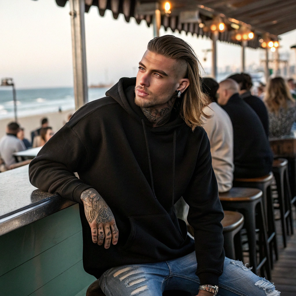 AI generated image by Red Panda AI: Photorealistic image of a good-looking white American male model with a long trendy hairstyle. He has prison-style tattoos. He is wearing a plain black luxury hoodie and trendy jeans no jewelry or accessories obstruct the front of his hoodie so the hoodie is obvious and blank for design placement. He is seated at a crowded outdoor bar in a restaurant in Venice Beach, CA facing the camera with great lighting. He has defiant successful expressions