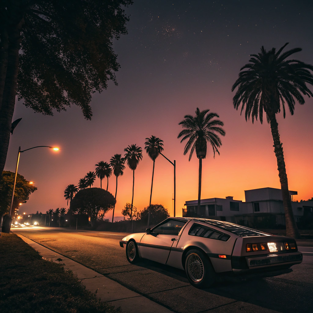 AI generated image by Red Panda AI: delorean night street sunset palms