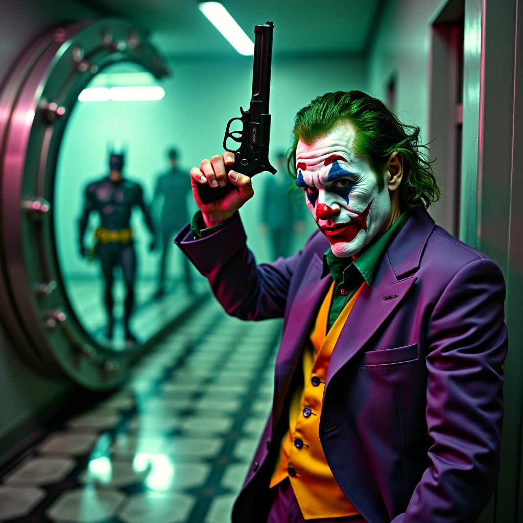 AI generated image by FLUX.1-pro: The Joker in a modern bank vault, holding a sleek surveillance drone and a long-barrel .38 revolver, chaotic bank heist scene, intense, menacing, calculated, Batman engaging with henchmen in background, cinematic action scene, dark neo-noir style, dramatic chiaroscuro lighting with green accents, cold metallic colors mixed with purple tones, Sony A7S III for low-light excellence, 24-70mm GM lens for dynamic range, wide establishing shot