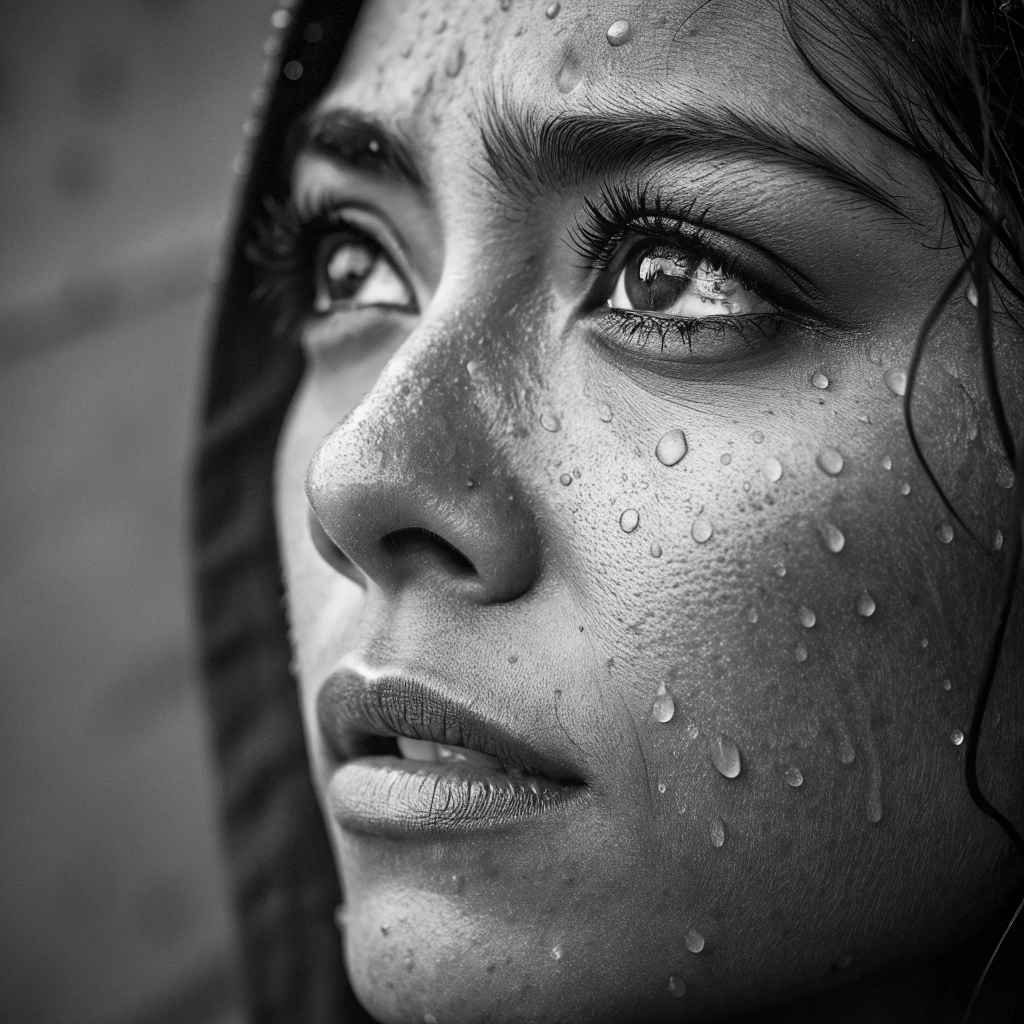 AI generated image by Red Panda AI: A striking conceptual photograph featuring an intense close-up of a Mexican woman's face. The black and white image is accentuated by high contrast, emphasizing the water droplets that cover her skin, creating a wet, glistening effect. The sharp focus captures her striking eye, with long eyelashes and a small part of her nose, as her emotive gaze directly engages the viewer. The overall ambiance of the photo is intense and evocative, making it a powerful piece of conceptual art.