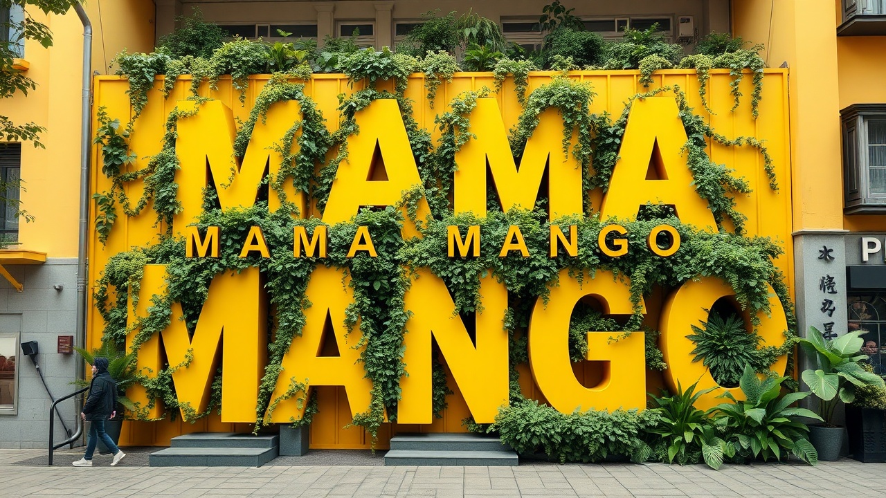 AI generated image by FLUX.1-schnell: Create a 3d version of the text MAMA MANGO. The text's iconic yellow facade should be preserved, and the name 'MAMA MANGO' should be clearly visible . Enhance the facade with greenery, vertical gardens for a sustainable look. The surroundings should be calm, 