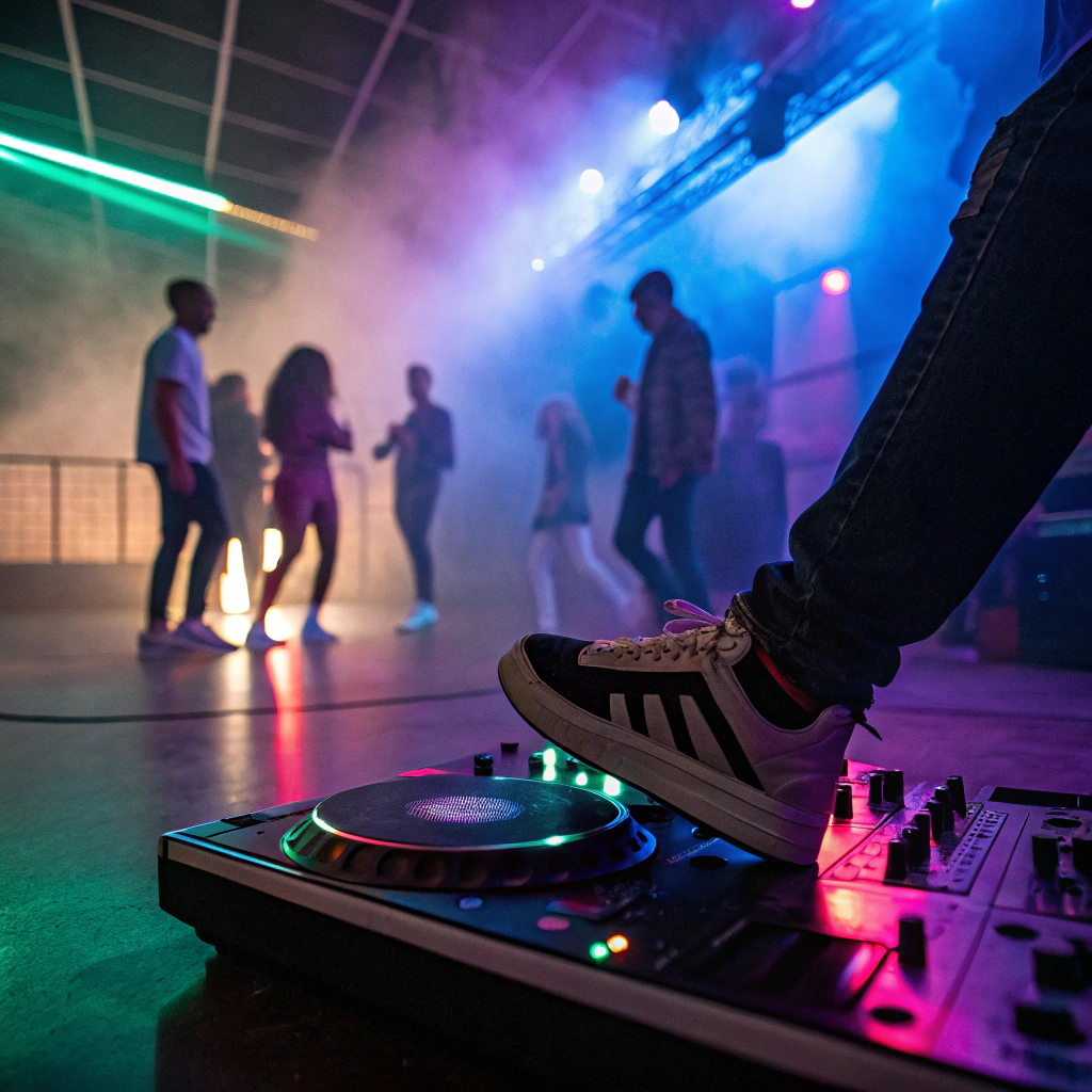 AI generated image by Red Panda AI: fot de dj en una discoteca con luces de neon, humo, y personas de fondo bailando