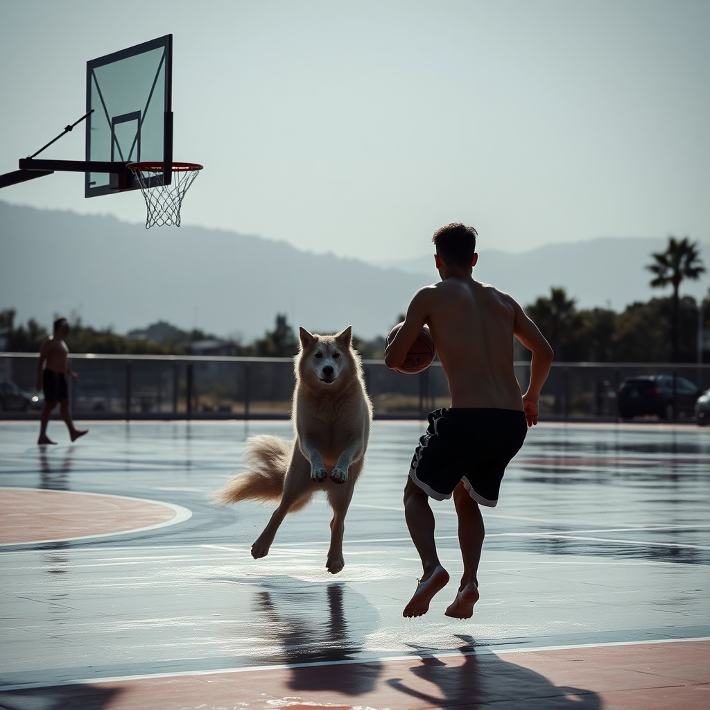AI generated image by FLUX.1-schnell: un lobo jugando al basquet en la playa