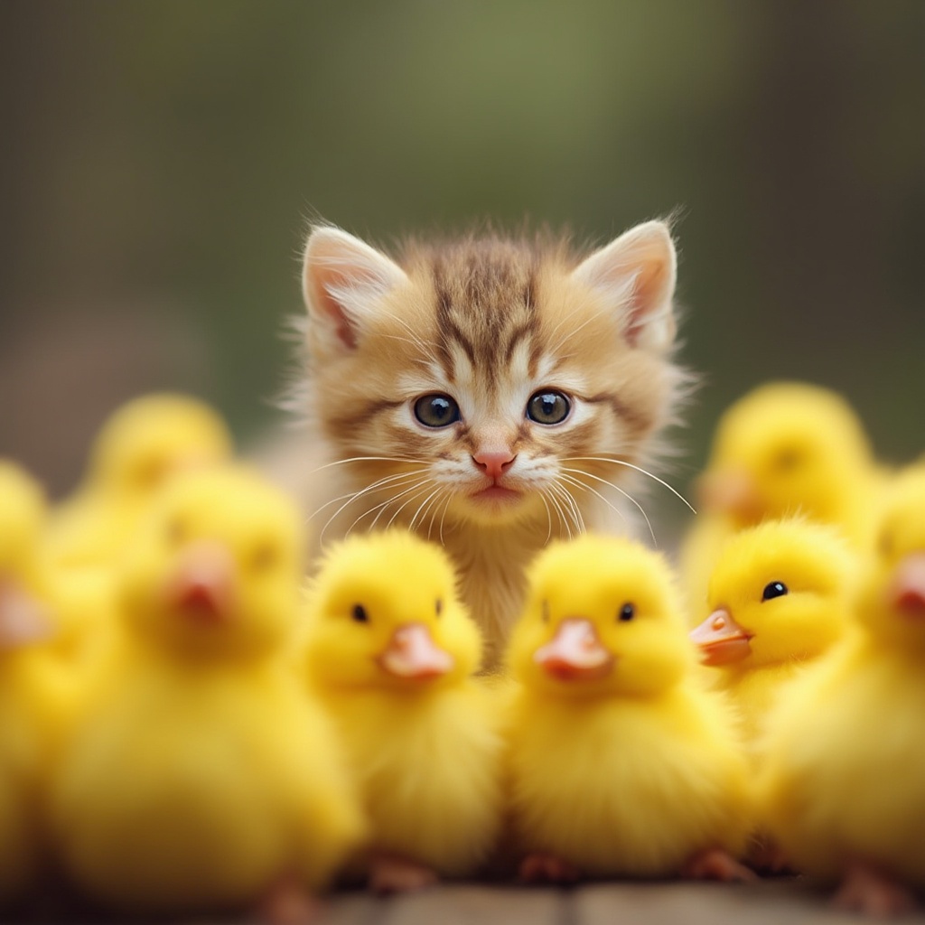 AI generated image by FLUX-Realism-Lora: A cute kitten faces a group of neatly arranged little yellow ducks