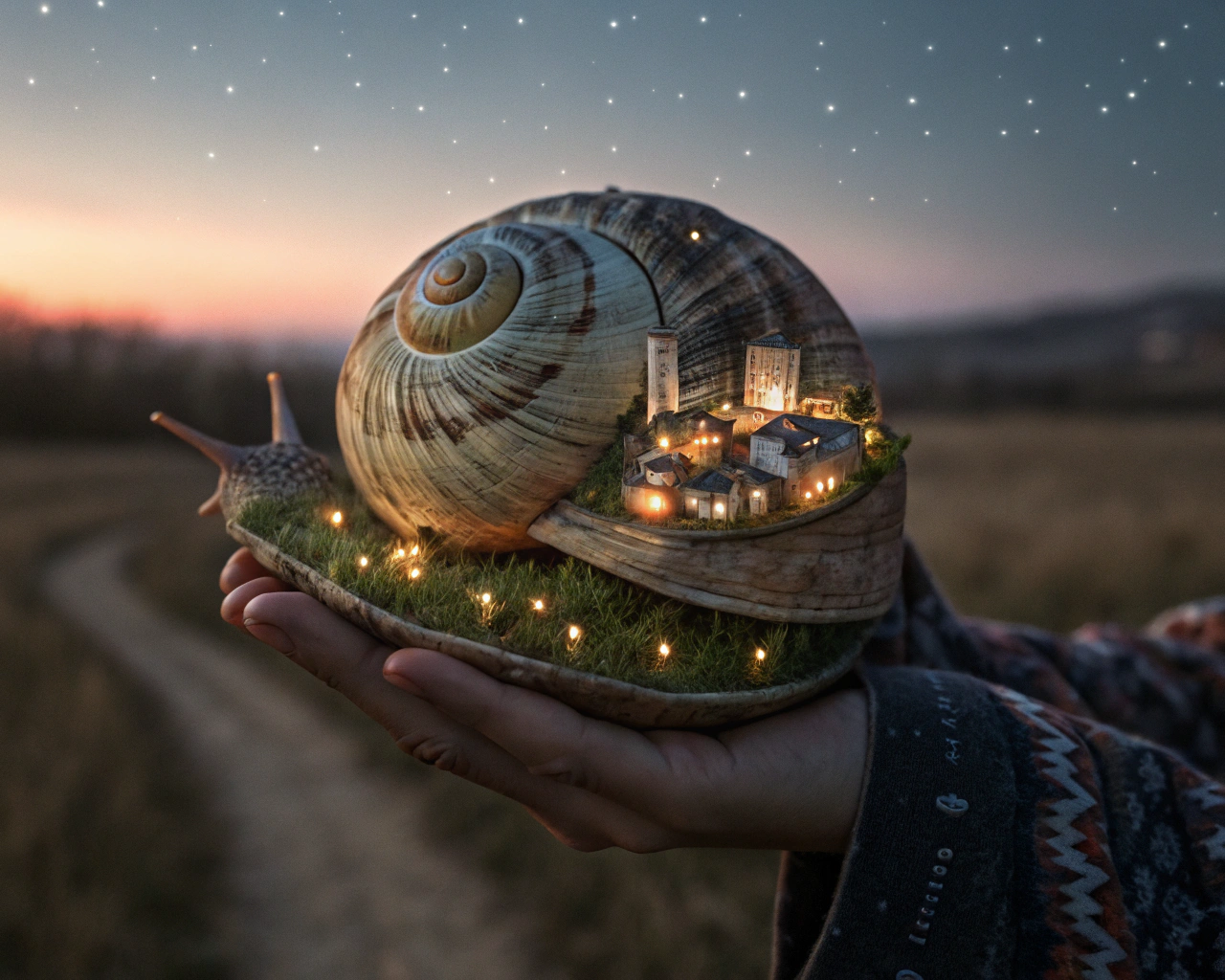 AI generated image by Red Panda AI: A close-up of an oversized snail shell with a miniature city built into its spirals, complete with tiny glowing streetlights, buildings, and winding pathways. The snail's body is gently cradled by a pair of human-like hands with intricate, painted designs resembling constellations. The background is a dusky twilight scene, with faint stars twinkling, giving a whimsical and mysterious vibe.