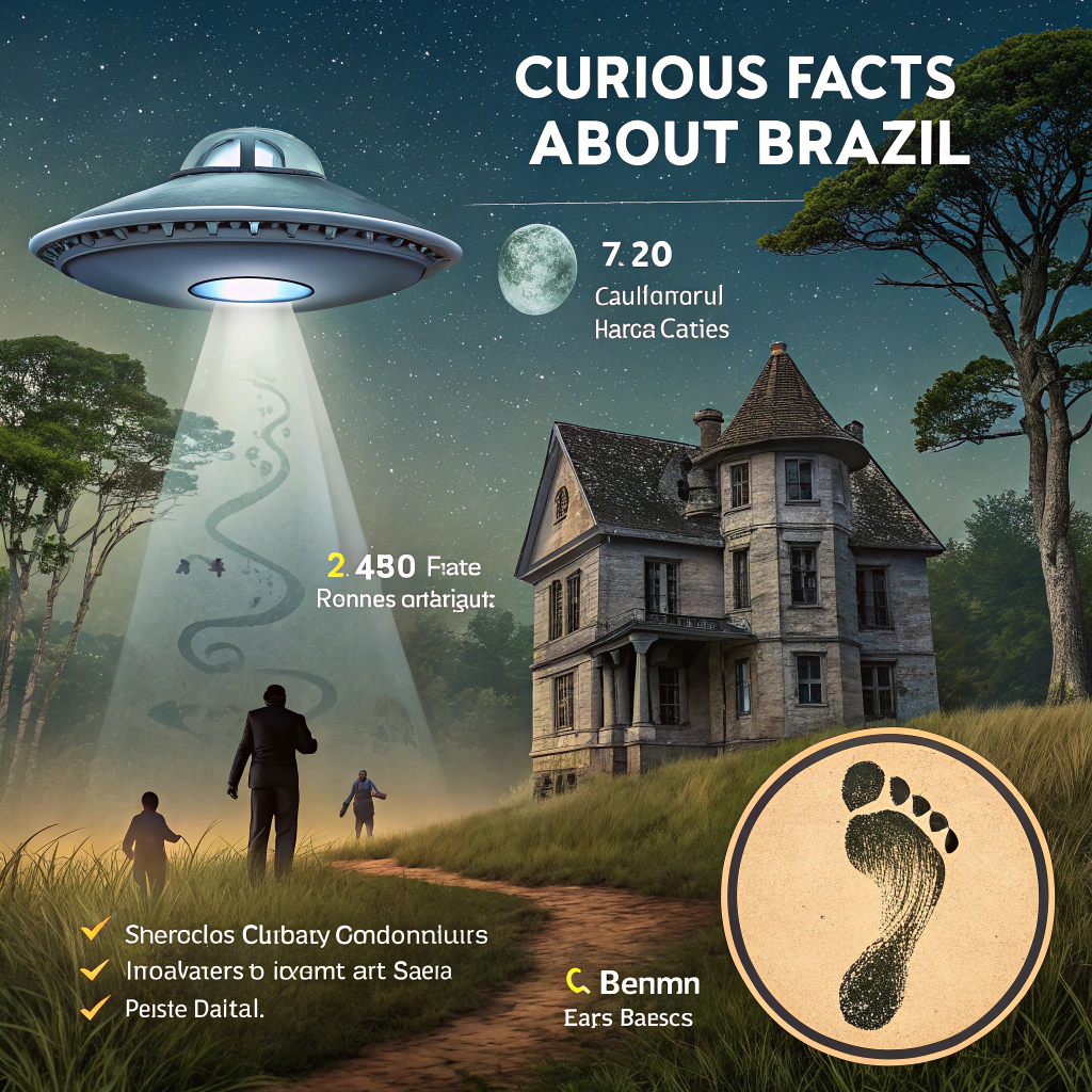 AI generated image by Red Panda AI: generame una imagen de datos curiosos de brasil donde halla imagenes de misterios sin resolver como ovnis, astronautas, fantasmas, casas embrujadas, gimancios, sin ningun tipo de texto en la imagen 