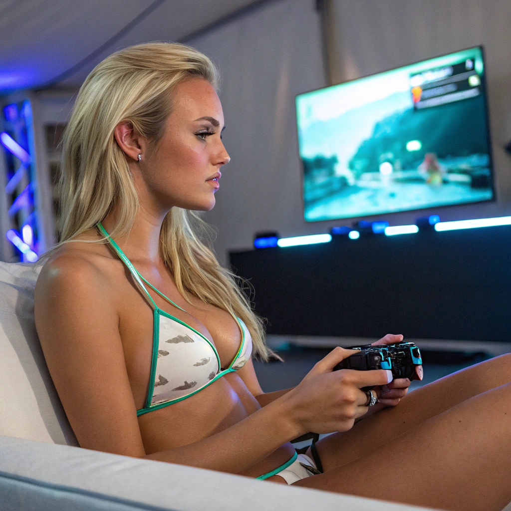 AI generated image by Red Panda AI: blond woman playing videos games with bikini