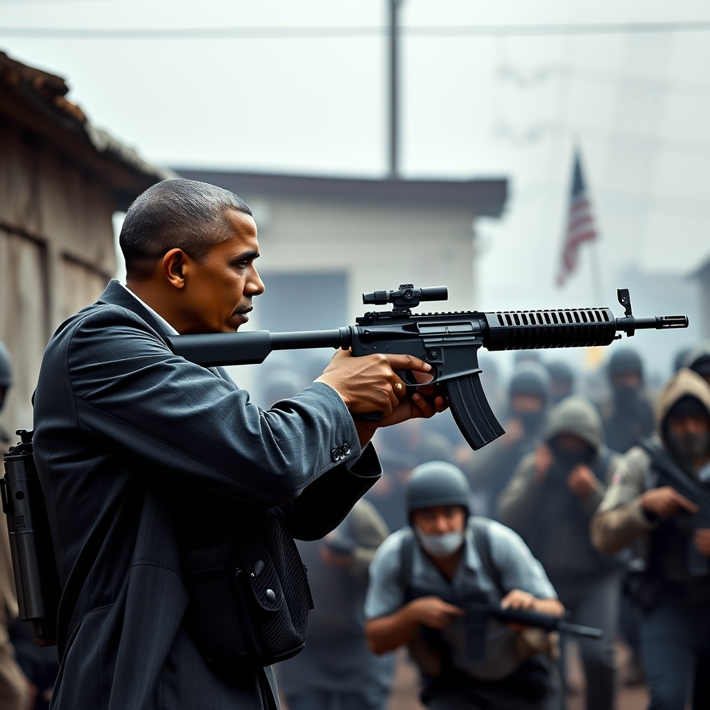 AI generated image by FLUX.1-schnell: Barak Obama con armas. armado Barak Obama tirando balas a gente pobre. Gente asustada corriendo. gente gritando de miedo. en un vecidanrio pobre de estados unidos
