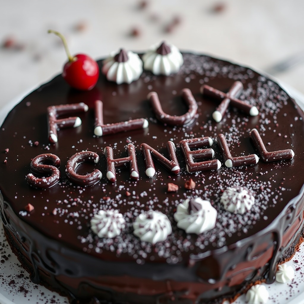 AI generated image by FLUX.1-schnell: black forest gateau cake spelling out the words "FLUX SCHNELL", tasty, food photography, dynamic shot