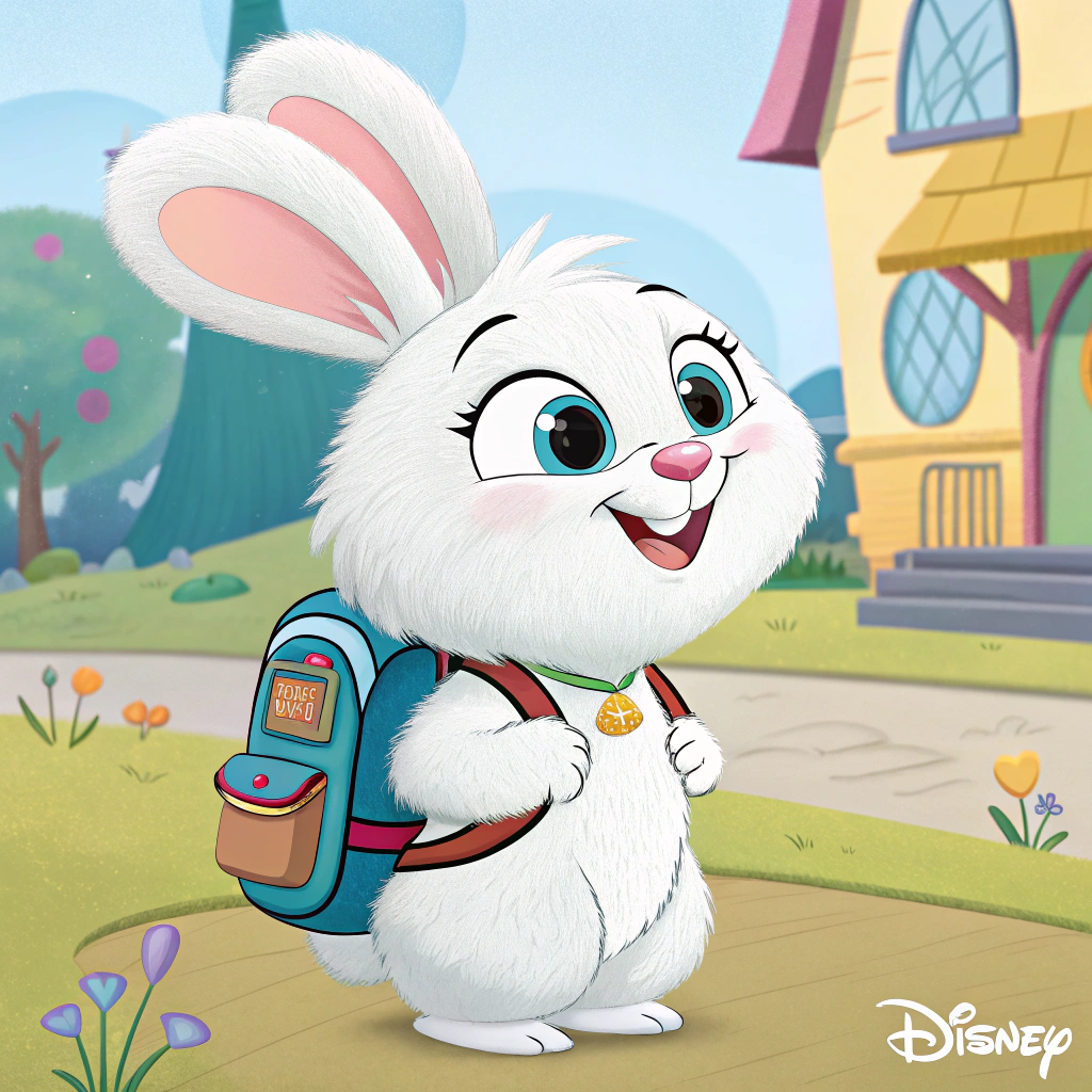 AI generated image by Red Panda AI: a sweet and happy white fluffy rabbit with a backpack 
disney chanel or cartoon