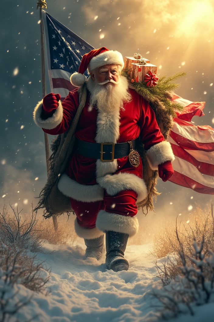 AI generated image by FLUX.1-pro: A majestic, mythical Santa Claus figure, bearing a striking resemblance to Donald Trump, confidently strides through a stormy, snowy field, his posture strong and resolute. He dons a radiant santa hat and a thick, golden-highlighted beard. A golden light, piercing through the storm clouds with a silver lining effect, illuminates the scene, casting a warm, inviting glow on the American flag he carries. The flag, large and waving, elegantly drapes most of the background. A large bag full of beautifully wrapped Christmas presents hangs over his shoulder, emanating confidence, strength, hope, and light. With one raised, powerful fist pumping in the air, he walks purposefully towards the left edge of the picture while the flag billows behind him, blowing towards the right, covering three-quarters of the background making the flag the prominent theme. The golden light highlights the flag and the yellowish highlights in the Trump Santa figure's beard, creating a spirit of Christmas in an American flag winter setting
