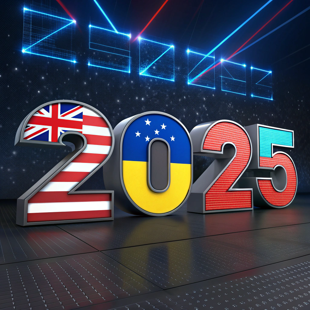 AI generated image by Red Panda AI: Design an image featuring the numbers "2025" where each digit incorporates the national flag of a specific country:
• The first '2' is filled with the Australian flag, featuring the Union Jack and stars of the Southern Cross.
• The '0' is designed with the Ukrainian flag, showcasing its blue and yellow stripes.
• The second '2' displays the Peruvian flag, with its vertical red and white stripes.
• The '5' is decorated with the Russian flag, including its horizontal white, blue, and red stripes.

The numbers are set against a sleek, glowing futuristic background with metallic and neon tones, emphasizing the cultural and national essence of each flag.