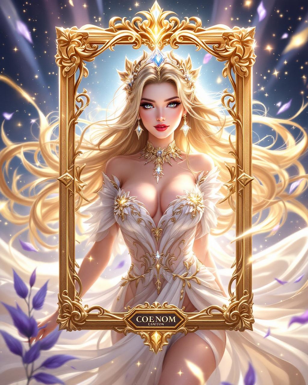 AI generated image by FLUX.1-pro: a premium anime character card, elegant goddess character, floating magical particles, glowing aura, luxurious golden frame, high rarity trading card design, UI elements, nameplate, sparkles, ultra detailed, cinematic lighting, masterpiece illustration