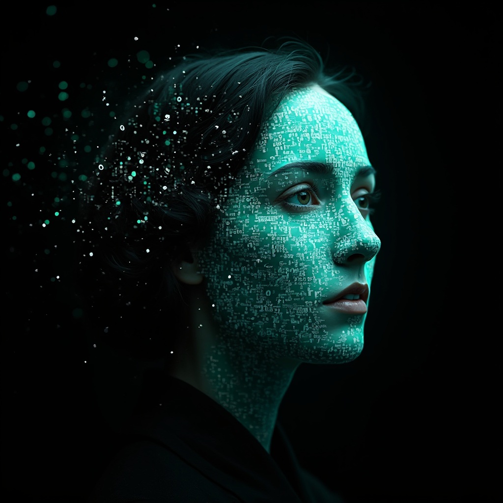 AI generated image by FLUX-Realism-Lora: Ada Lovelace's face as a digital mask made from thousands of turquoise numbers and formulas forming her face. the formulas and numbers fly behind the mask leaving a trail of complexity. the mask is floating dynamically in mid air. her head is turned to the right but her eyes are looking directly into the camera. the mask is on a black background.  like a png with black only background. photo realistic, sci-fi, human features hair