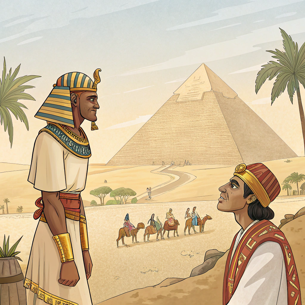 AI generated image by Red Panda AI: Una conversación entre el rey faraón de Egipto y su mas confiable servidor. Ambos son gente importante y visten ropas de la realeza egipcia.  Al horizonte se ve la pirámide y esclavos trabajando. Es un día caluroso y sus siervos le protegen del sol con 