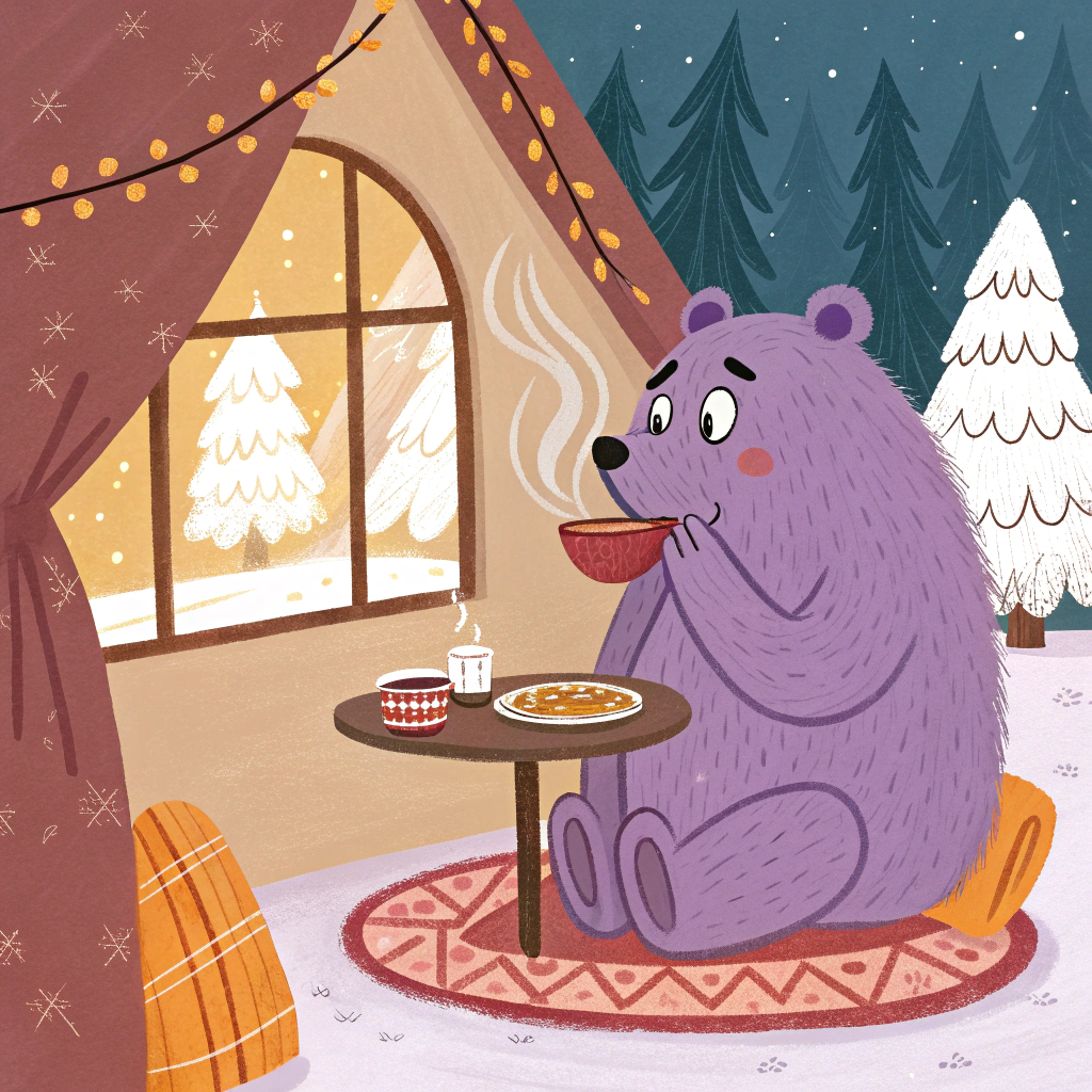 AI generated image by Red Panda AI: purple bear eating a hot meal in the comfort of his home while it is freezing cold outside
