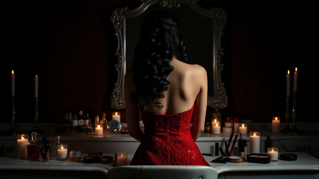 AI generated image by FLUX.1-schnell: A beautiful woman in a strapless, sleeveless red lace dress sits at a white dressing table, which is adorned with an array of cosmetics—perfume bottles, makeup brushes, jars, and small containers—scattered elegantly across its surface. Softly flickering candles cast a warm glow over the collection, highlighting the delicate details of each item. Her back faces the camera, her voluminous black hair styled in large, loose curls that cascade down to the middle of her back. The room is heavily shadowed, creating a strong contrast that captures her figure as a dark, dramatic silhouette. Behind her, the background wall is a deep, solid color, and a large mirror with an ornate silver frame reflects the dim candlelight, adding depth to the scene. The heavy shadows and low lighting allow only her silhouette and the subtle candlelit glints on the cosmetic items to emerge, enhancing the atmosphere of mystery and sophistication.