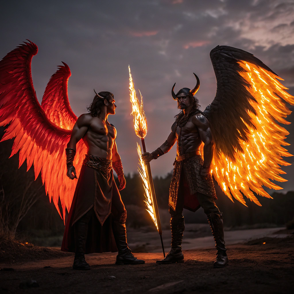 AI generated image by Red Panda AI: Gemelos Caballeros del zodiaco géminis uno demoníaco malvado con alas de fuego y cuerno y el otro bueno con alas de angel de luz 
