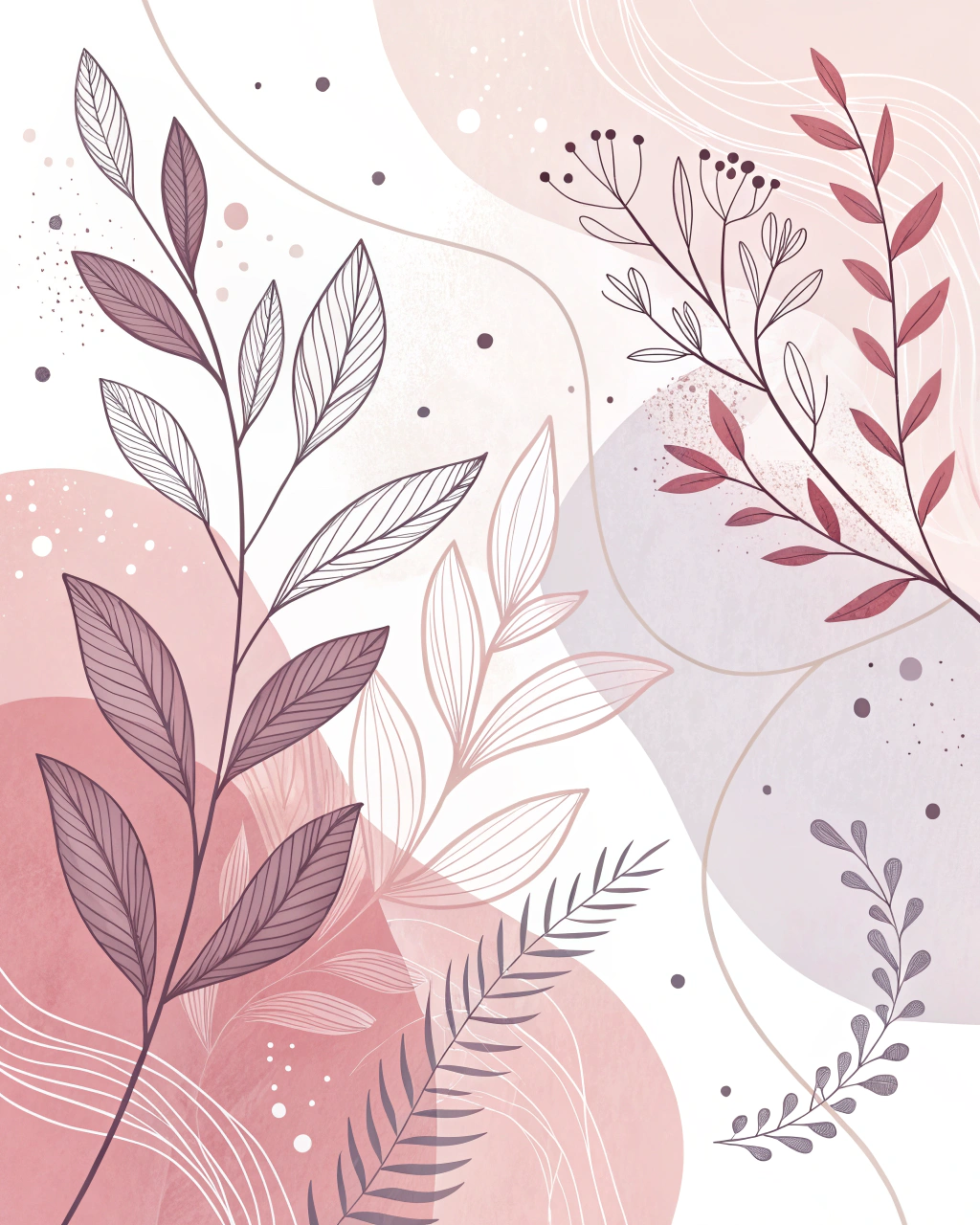 AI generated image by Red Panda AI: Create a modern abstract illustration with an elegant and minimalistic design. Use a soft pastel color palette featuring shades of pink and mauve. Incorporate organic, free-flowing shapes that overlap and blend harmoniously. Add delicate hand-drawn botanical elements, such as simple leaves and branches, with fine line work in a complementary tone. Ensure the background is light and neutral, allowing the fluid shapes and botanical details to stand out subtly. The overall aesthetic should evoke a calm, sophisticated, and contemporary feel.