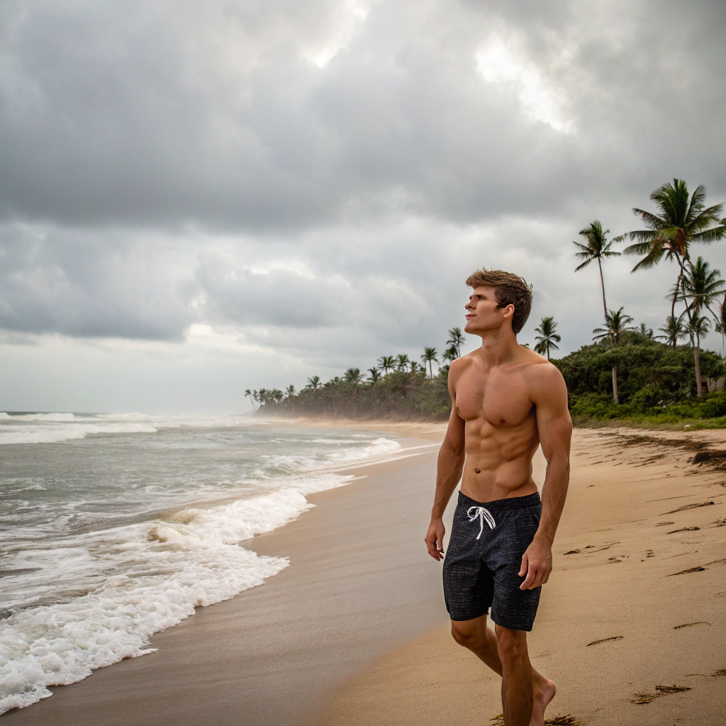 AI generated image by Red Panda AI: 21 year old man on the beach, fit body