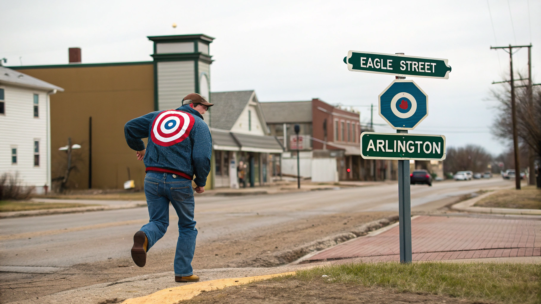 AI generated image by Red Panda AI: a guy wearing blue jeans that have a bullseye on this butt, he is running next to a street sign that says "Eagle Street".  The town is Arlington, Nebraska and maybe there is sign somewhere that says "Arlington"