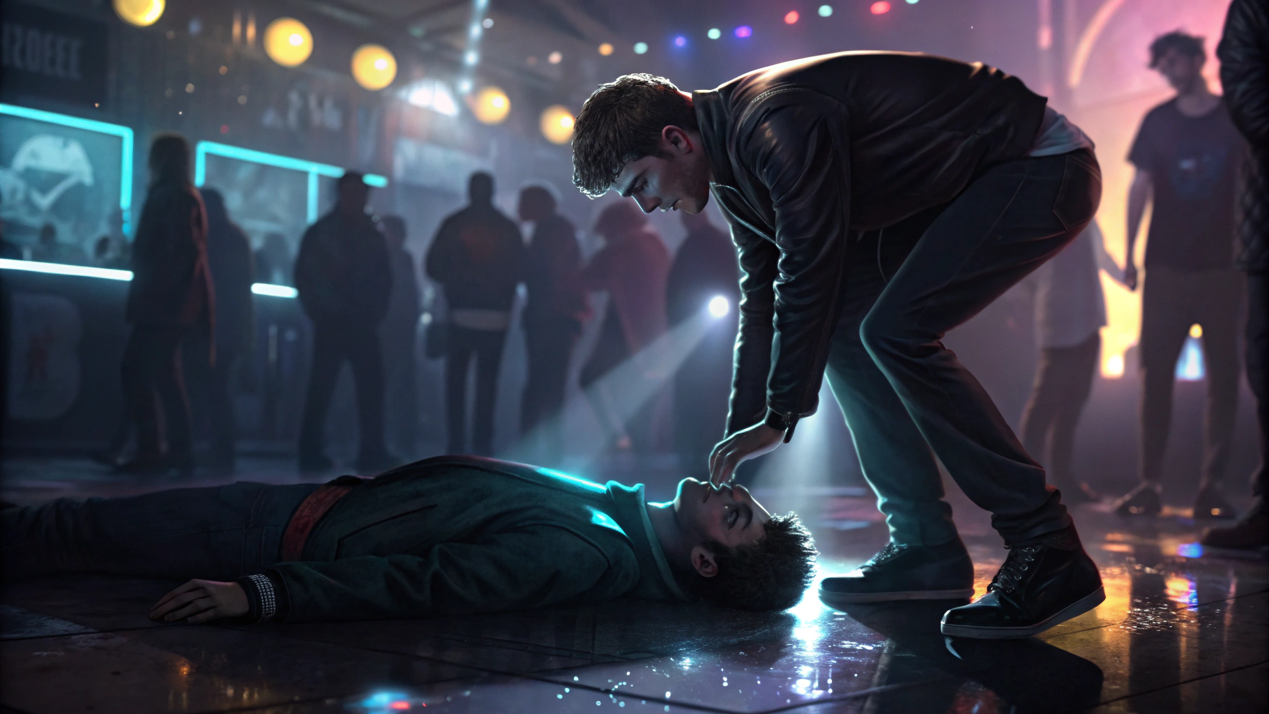 AI generated image by Red Panda AI: concept art drawing for a music video,  guy is fainted and wet on the floor of a nightclub with all the lights and people(blurred) another guy holding him in the floor is using some sort of magic that comes out of his hand in the form of magic light beams into the fainted guys head, copcet art harsh brushstrokes