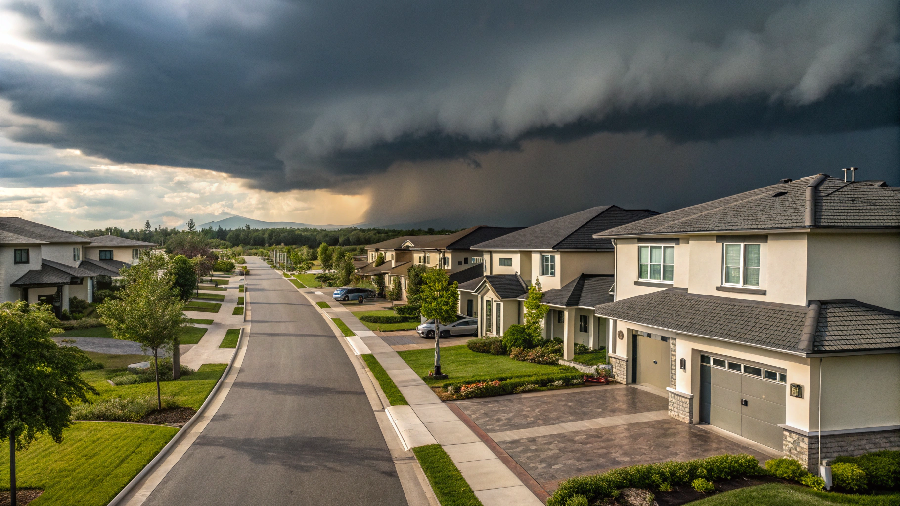 AI generated image by Red Panda AI: Storms in the distant over a modern neighborhood