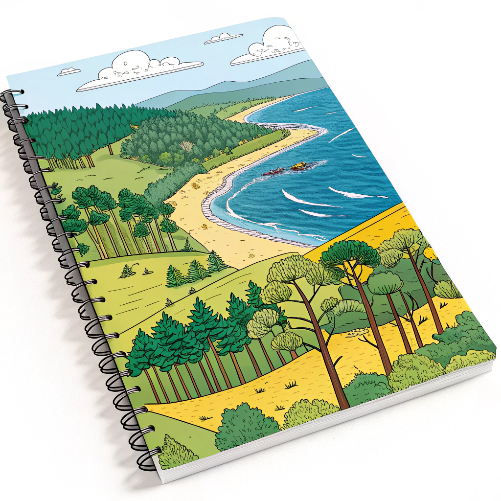 AI generated image by Red Panda AI: Realiza en TODA LA HOJA de tu bitácora un paisaje de
bosque, playa, campesino y de rio, donde colorees cada
elemento de diferentes colores, que no se repitan en
diferentes elementos.