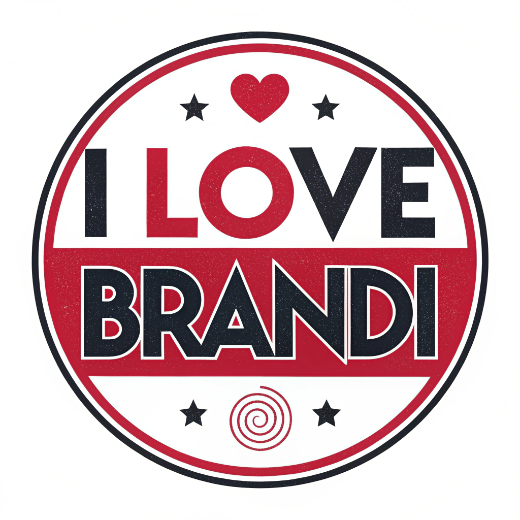 AI generated image by Red Panda AI: Circle logo, "I Love Brandi", on white background, red and white and black, only text, bold font, strong, modern