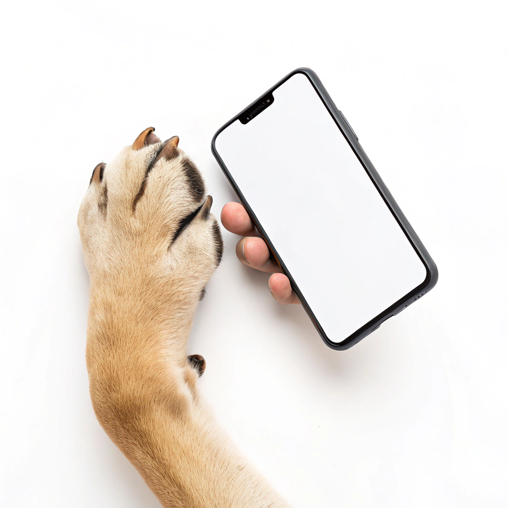 AI generated image by Red Panda AI: solo la pata de un perro beig sosteniendo un telefono que no salga nada mas que eso el fondo blanco 