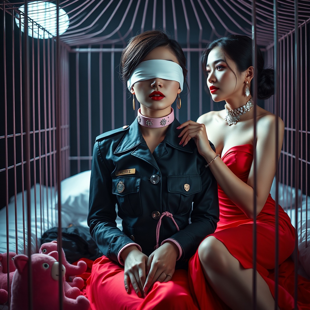 AI generated image by FLUX.1-schnell: Front view,full body view, a beautiful Chinese adult woman with porcelain skin,slim body, tired facial feature,sexy lips and black hair wearing a policewoman uniform and pink soft rhinestone leather dog collar snugly, her eyes are blindfolded with white leather blindfold, her hands are handcuffed together,her legs are handcuffed together,sitting on an oversized bed inside a big bird cage, another beautiful Chinese adult woman is wearing bright red evening gown, choker collar, bracelet, she is holding leash from first woma's collar and looking at first woman with seductive look, fixing first woman's collar tighter,dramatic dim lighting, ultra-realistic textures, soft fairy tale atmosphere, pink toys are surrounding beside her, dreamy focus on her face, sci-fi style, whimsical color grading, cinematic lighting
