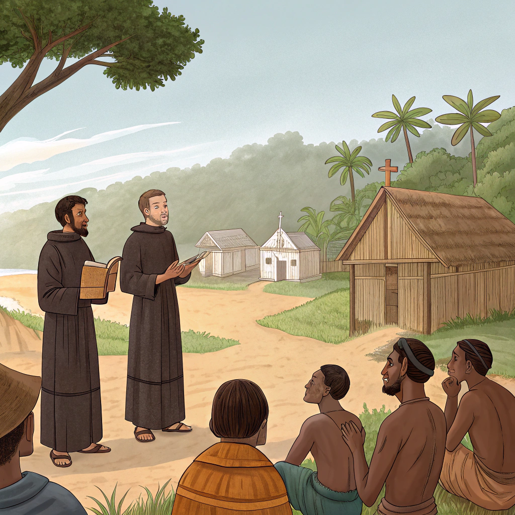 AI generated image by Red Panda AI: Quero que adicione padres evangelizando fieis no cenario de colonização do brasil/.