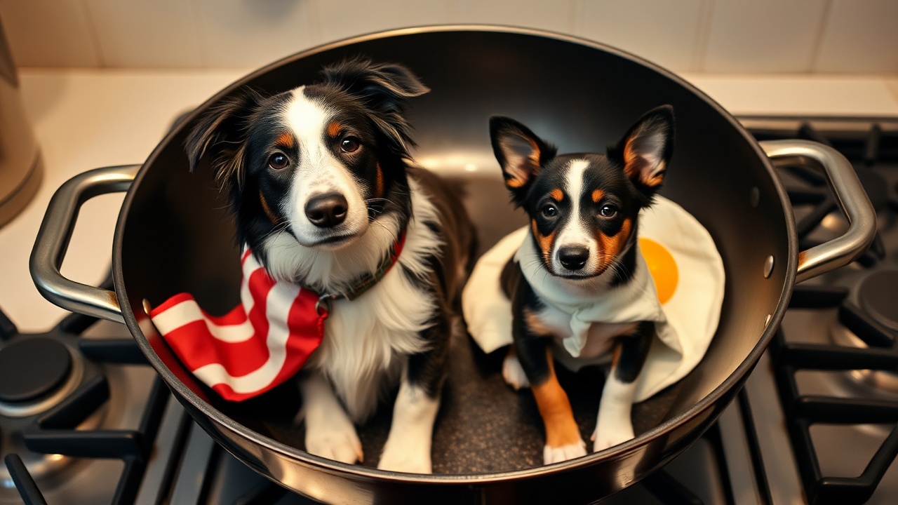 AI generated image by FLUX.1-schnell: A very large frying pan sitting on a stove. There are two border collie dogs sitting in the frying pan. The left hand dog is about eight years old, bicolour Black and white border collie, and wearing a bacon costume. There is no Brown on the left hand dog. The  slightly smaller right hand dog is about one and a half years old tricolour black, tan and white border collie wearing a fried egg costume. This is a scene suitable for a Halloween postcard. The left-hand dog also has a few blacks freckles on its nose on the left side. The right hand, dogs ears are sticking up. 