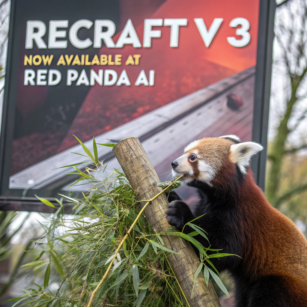 AI generated image by Red Panda AI: a red panda eating a bamboo in front of a poster that says "recraft V3 now available at red panda ai