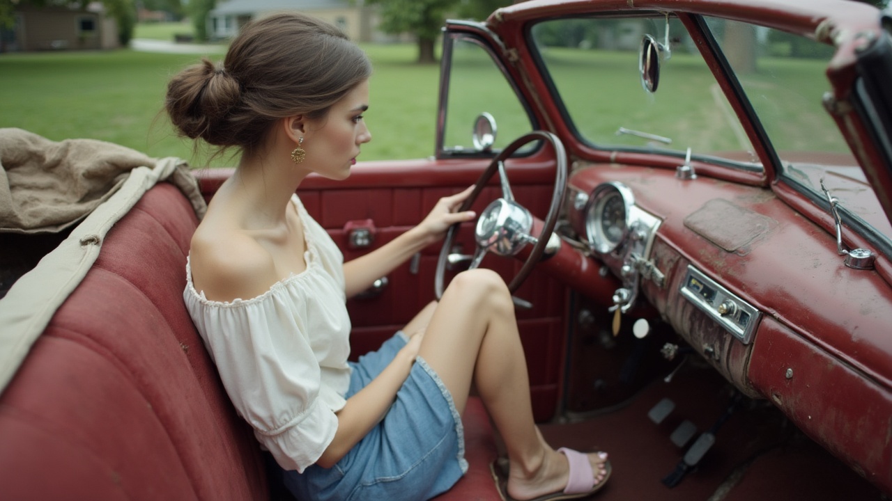 AI generated image by FLUX-Realism-Lora: Camera positioned on right side of 1948  Chevrolet convertible with the top down parked in the driveway of a older home in a quiet neighborhood. Camera aimed at feet and pedals. Beautiful, very petite young Scandinavian woman 30 years sitting in driver’s seat behind steering wheel. Both hands on the steering wheel. Feet resting on floorboard.. Long brown hair gathered into a bun. Pale complexion. Lipstick light eye makeup. Hoop earrings. Off-shoulder 3/4 sleeve white peasant blouse. Tight-fitting denim miniskirt hemmed mid thigh. Cork ultra high wedge slides pink vamp. 
