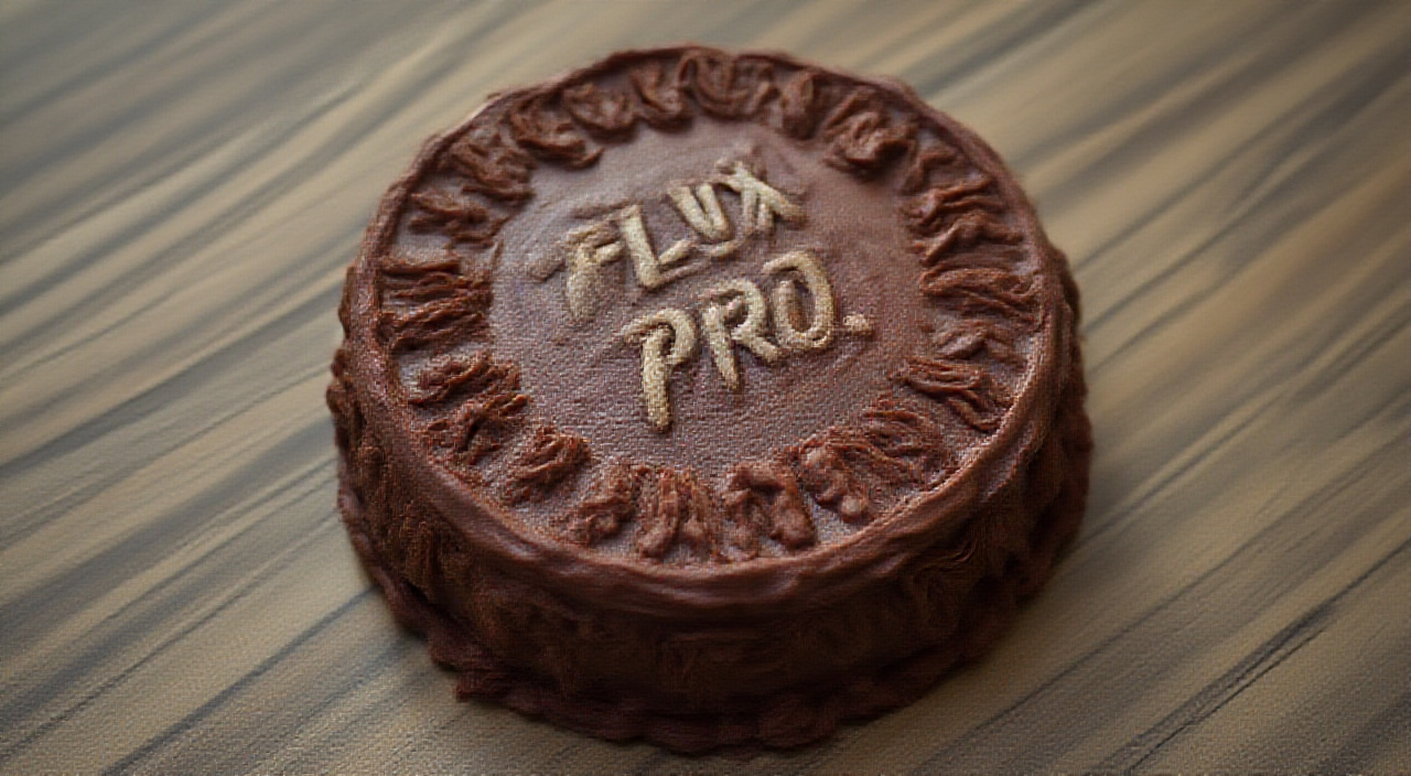 AI generated image by FLUX.1-pro: Chocolate cake with inscription FLUX PRO