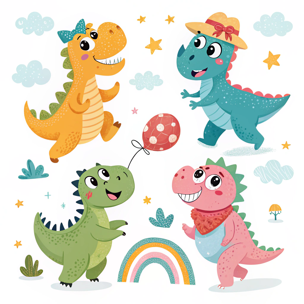 AI generated image by Red Panda AI: "Create a set of colorful and fun dinosaur stickers for children. The dinosaurs should be cartoonish, friendly, and full of personality. Use bright, vibrant colors like green, orange, blue, and pink. Each dinosaur should have a big smile, large eyes, and playful poses, such as jumping, dancing, or playing with a ball. Include friendly accessories like hats, bows, or scarves. Add simple, cheerful elements like clouds, stars, and rainbows in the background to make the stickers more playful and engaging for kids."