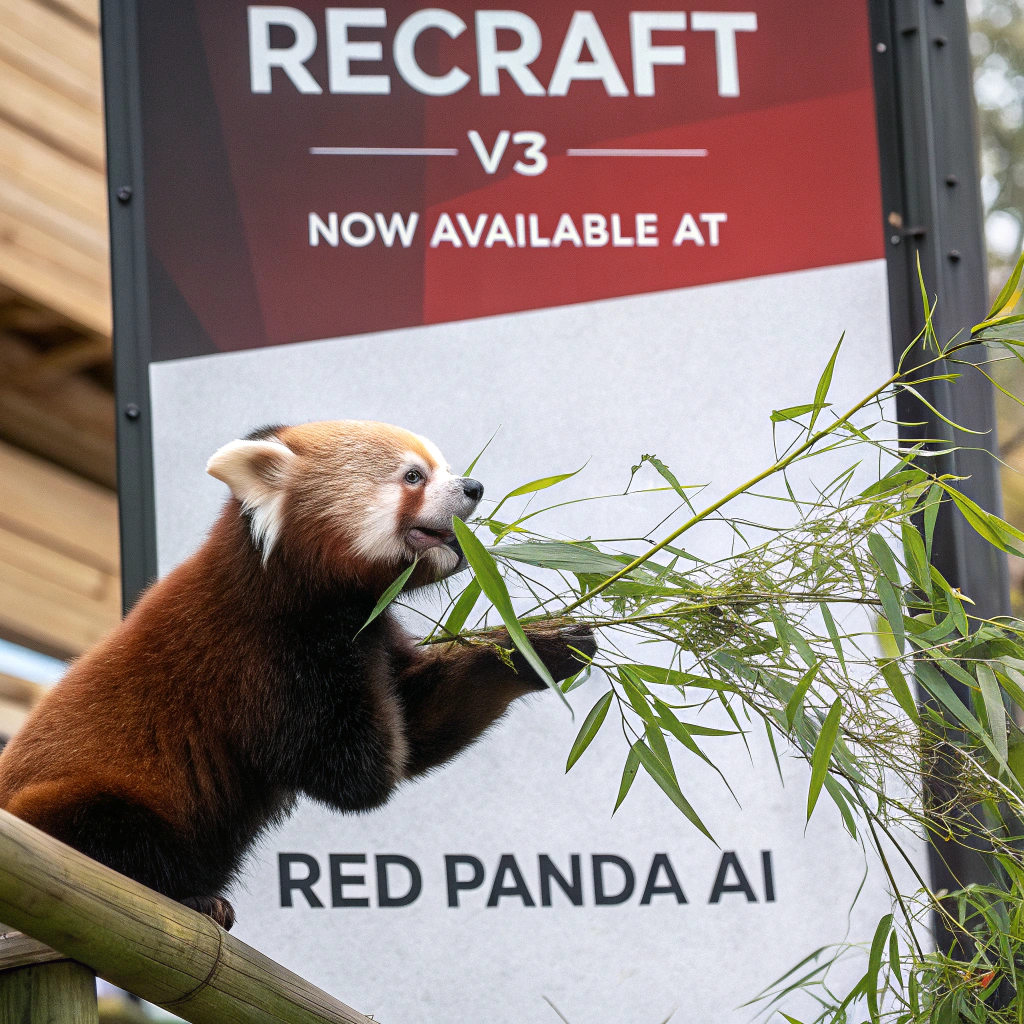 AI generated image by Red Panda AI: a red panda eating a bamboo in front of a poster that says "recraft V3 now available at red panda ai